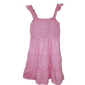 J Crew Striped Ruffled Dress Pink Womens Size L Preppy Tiered Sleeveless Smocked